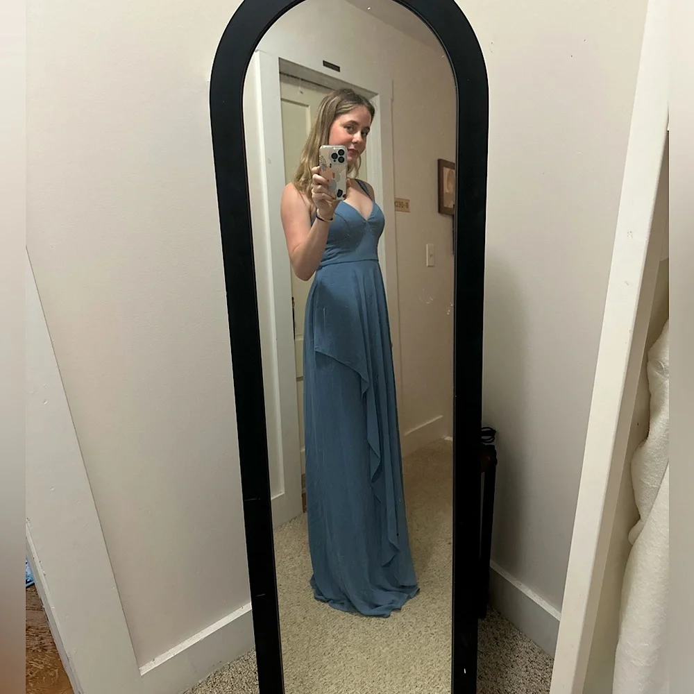 chiffon v-neck tank bridesmaid dress with cascade - Picture 4 of 6